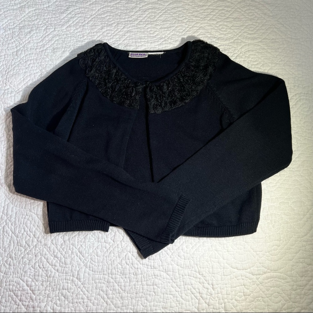 Elegant, preppy cropped navy and detailed black rose cardigan